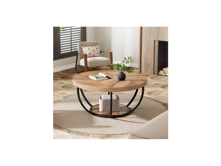 Tribesigns 80cm Round Industrial Coffee Table with 2-Tier Storage Shelves, Modern Wood & Black Metal Accent Center Table for Living Room, Home Office