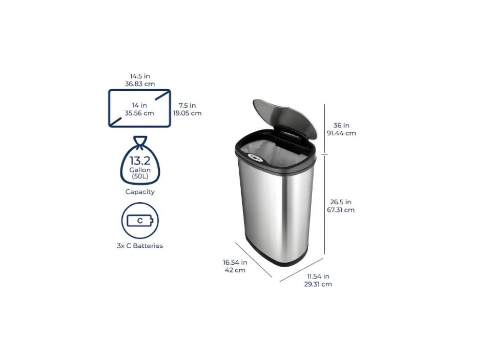 Ninestars, DZT-50-13, 50 L Automatic Touchless Motion Sensor Stainless Steel Trash and Garbage Bin with Highly Durable Lid Mechanism for Home, Kitchen and Office