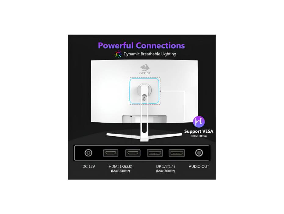 Z-EDGE 27-inch Curved Gaming Monitor - 16:9 Full HD 1920x1080, 300Hz Refresh Rate, 1ms Response Time, Frameless LED Display, AMD FreeSync Premium - DisplayPort & HDMI Ports UG27H White