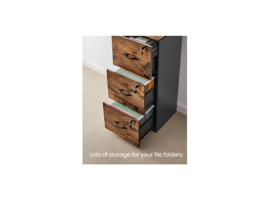 VASAGLE Office Cabinet, Storage Unit, Printer Stand, with 3 Lockable Drawers, Adjustable Rods, Fits A4 Size, Rustic Brown and Black
