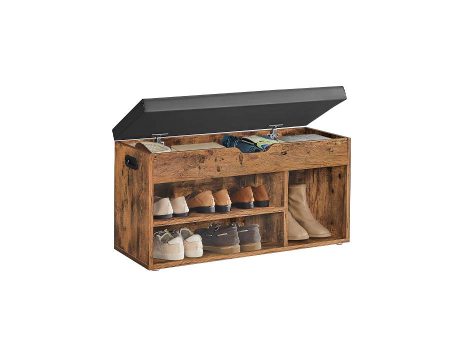 VASAGLE Storage Bench with Cushion, Shoe Bench with Padded Seat, 3 Compartments, Hidden Storage, Shelves, Living Room Lounge Hallway Bedroom, Rustic Brown and Black