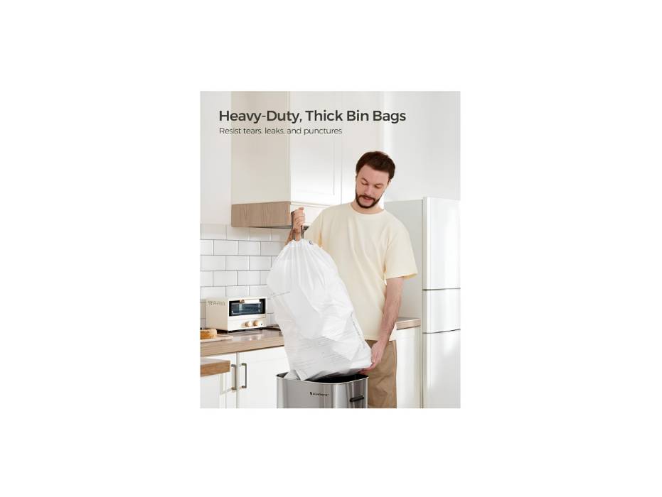SONGMICS Trash Bags for 8-Gallon (30L) Trash Cans, 45 Count Drawstring Garbage Bags, Pre-Separated, Liner Code 30A, 1 Roll, White UKRB30A