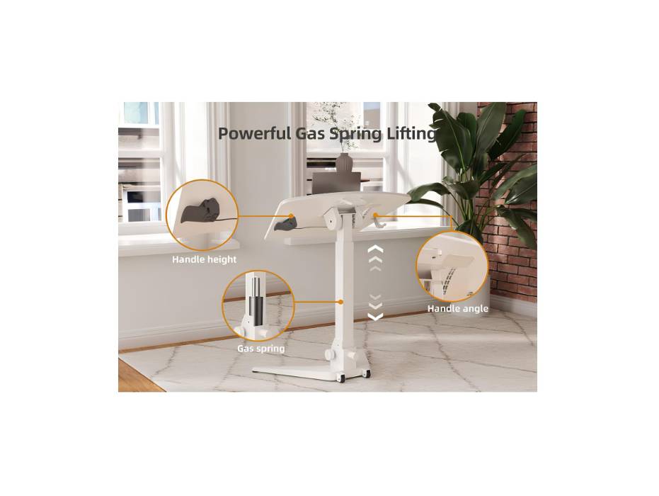 Claiks Mobile Standing Desk, Portable Rolling Workstation With Wheels, Pneumatic Height Adjustable Sit-Stand With 90 Tiltable, Foldable Non-Slip Computer Stand, White