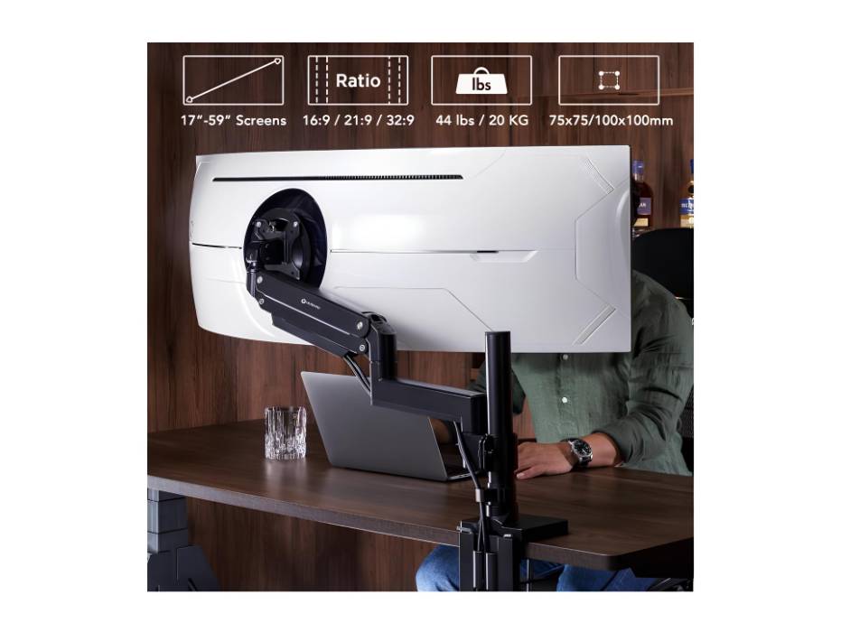 Heavy Duty Monitor Arm for Ultrawide Monitors up to 57" and 20 KGS, Single Desk Stand, Pneumatic Height Adjustable, Modular Extension Arms - Max VESA 100x100, Black, MA20P-S