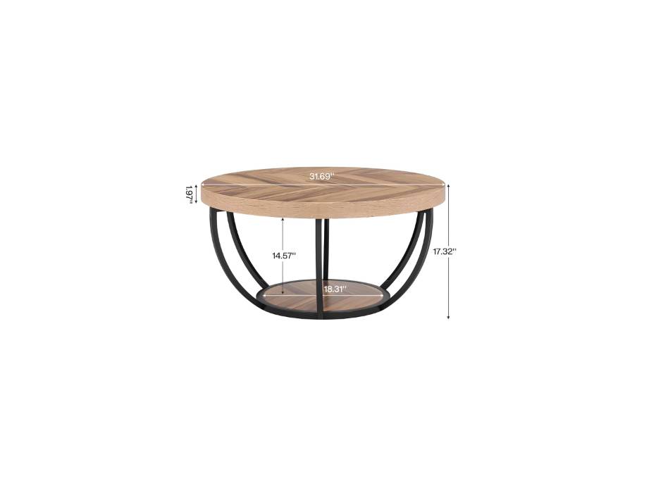 Tribesigns 80cm Round Industrial Coffee Table with 2-Tier Storage Shelves, Modern Wood & Black Metal Accent Center Table for Living Room, Home Office