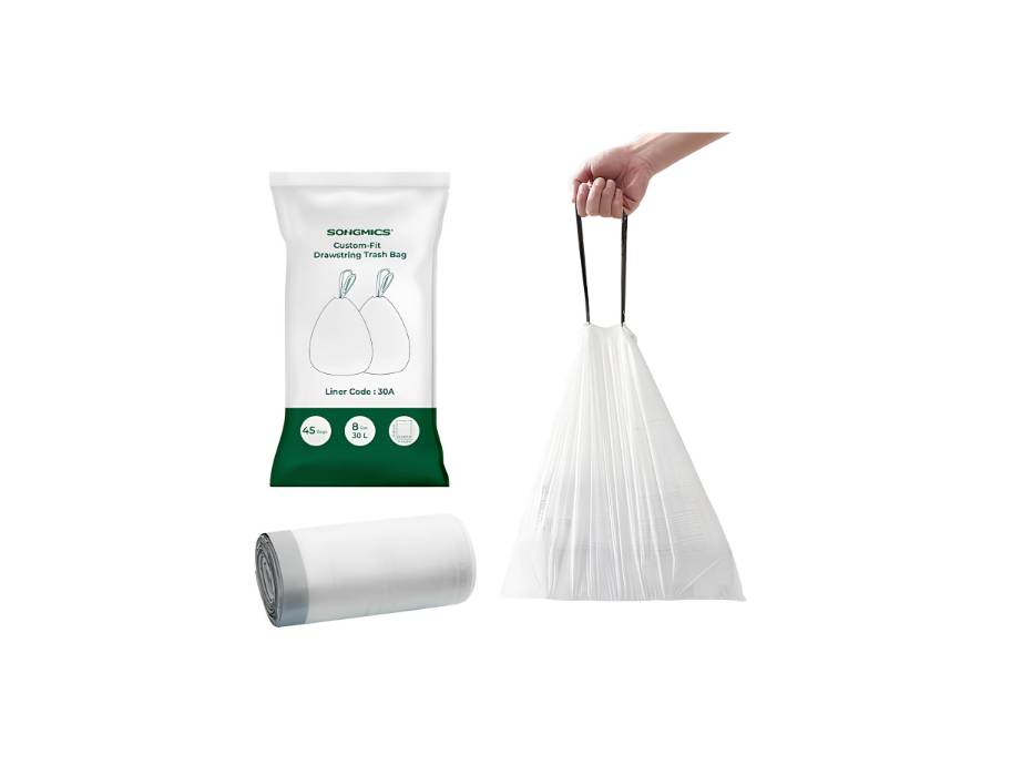 SONGMICS Trash Bags for 8-Gallon (30L) Trash Cans, 45 Count Drawstring Garbage Bags, Pre-Separated, Liner Code 30A, 1 Roll, White UKRB30A