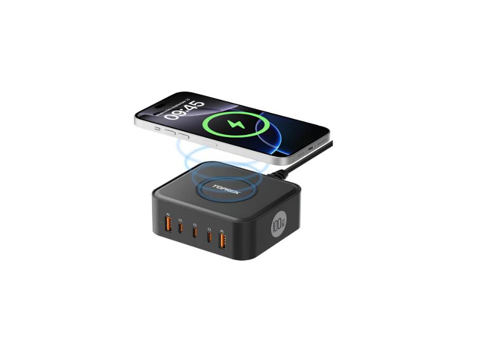 TOPREK 100W GAN Charging Station, 15W Wireless Charger Power Strip, 100W Fast Charger for USB-C×3, 60W for USB-A×2, Simultaneous Fast-charging of 6 devices, 1M Extension Lead