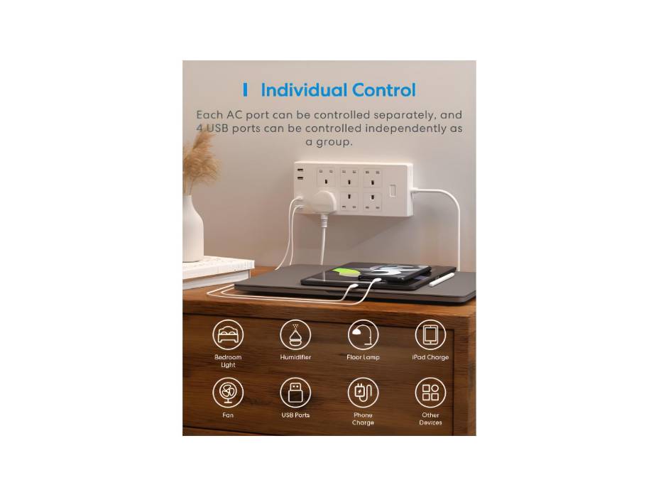 Meross 6 AC Outlets 4 USB Ports Extension Lead, Compatible with Apple Homekit SmartThings Alexa Google Home, Voice/Remote Control, 2.4GHz, 6ft Cord Long