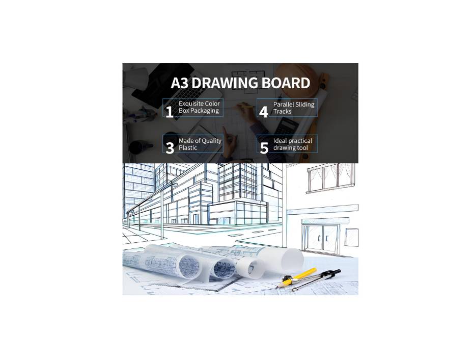 Portable Drawing Board A3, Multi-Function Metric Drafting Table with Clear Rule Parallel Motion and Angle Adjustable Measuring System