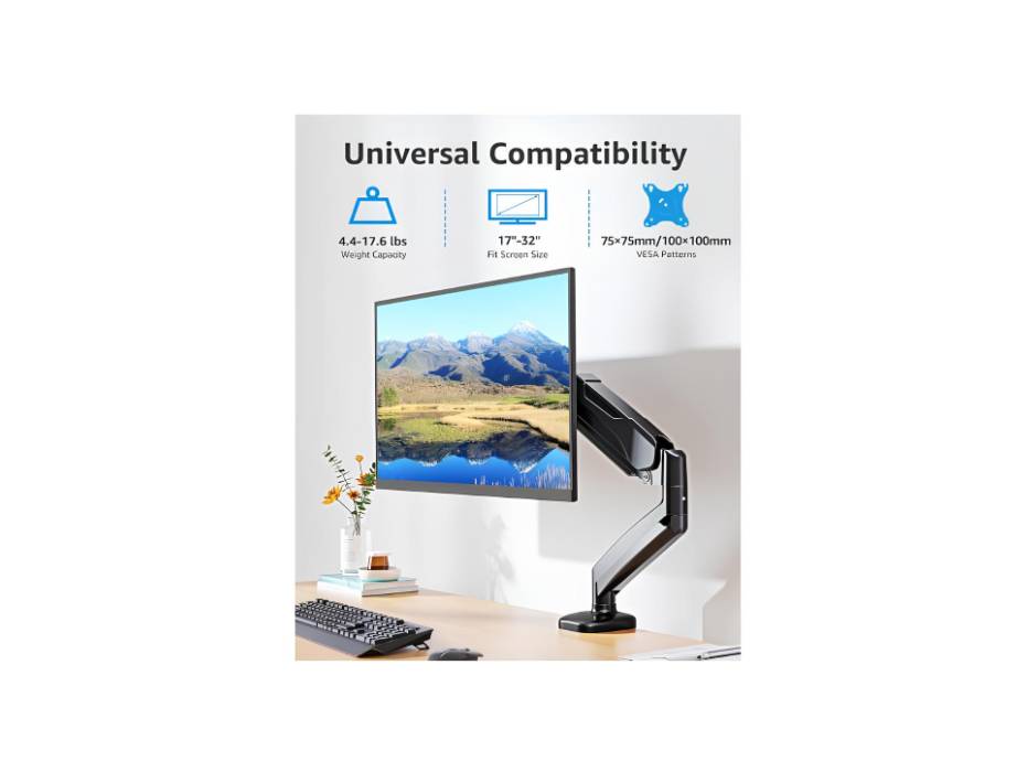 MOUNTUP Single Monitor Desk Mount, Adjustable Gas Spring Monitor Arm Support Max 32 Inch, 4.4-17.6lbs Screen, Computer Monitors Stand Holder, Black