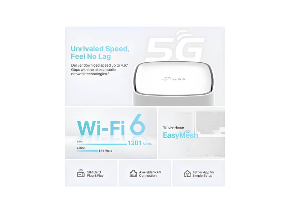 TP-Link Archer NX200 5G Wi-Fi 6 AX1800 Mbps Router with SIM, Dual Band, Plug & Play, Gigabit WAN/LAN Port, 4K-QAM, Beamforming, 8×5G/LTE, 2×Wi-Fi Internal Antennas, EasyMesh, HomeShield