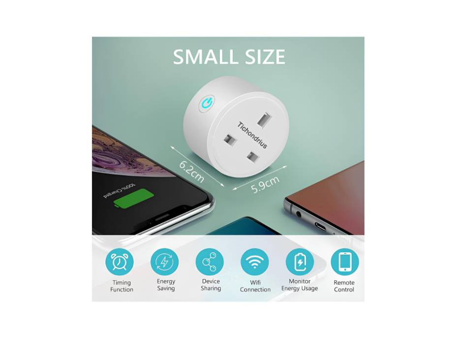 Tichondrius Smart Plug, 16A Smart Outlet Plug Socket Compatible with Alexa, Mini Socket with Remote Control & Voice Control with Electricity Statistics Timer Function, pack of 2