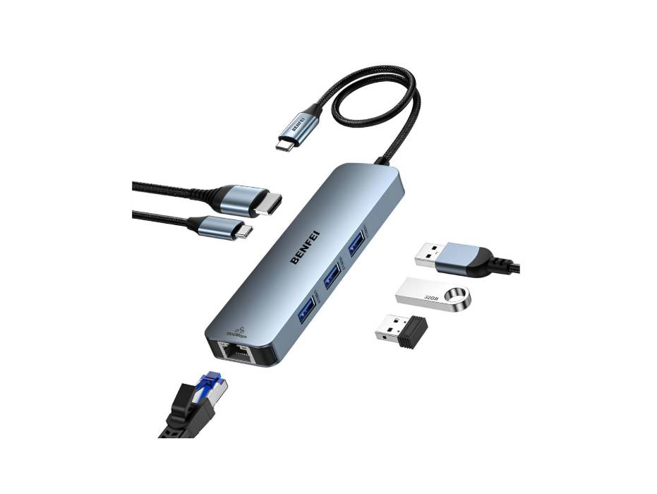 BENFEI USB C HUB 6-in-1 with HDMI(4K@60Hz), Gigabit Ethernet, 100W Power Delivery, 3*USB 3.0, Silicone Cable, Aluminum Case