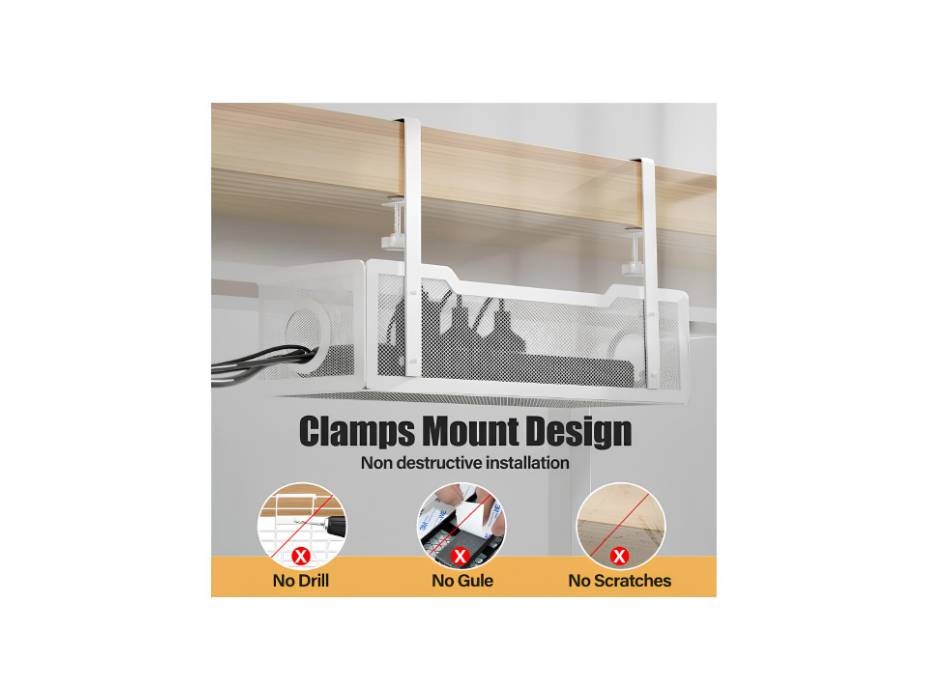 Cinati Under Desk Cable Management Tray, Cable Management Under Desk No Drill, with Clamp for Desk Wire Management, White