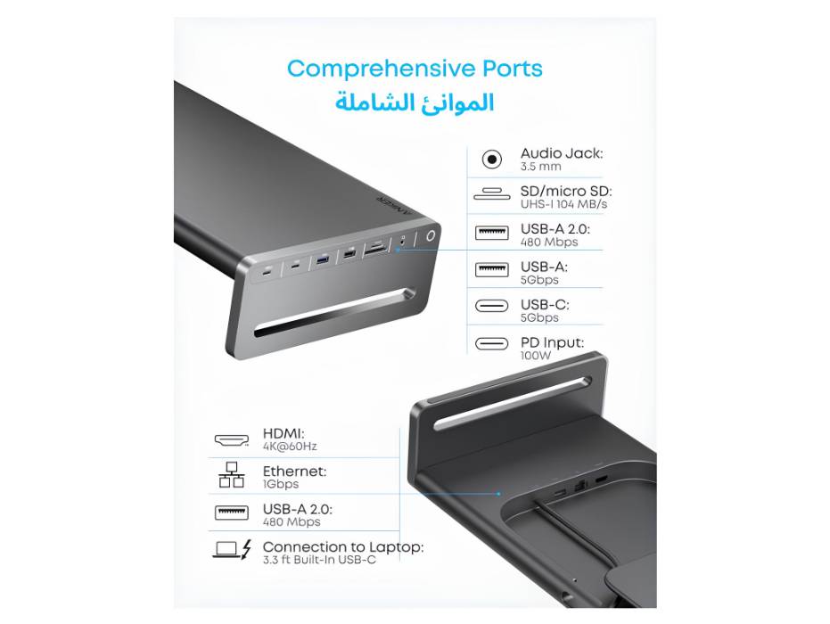 Anker USB-C Hub, 10-in-1 Aluminum Monitor Stand with 100W PD, 5Gbps USB Ports, and 4K@60Hz HDMI Display, Built-In 3.3 ft Cable, Clutter-Free Desk