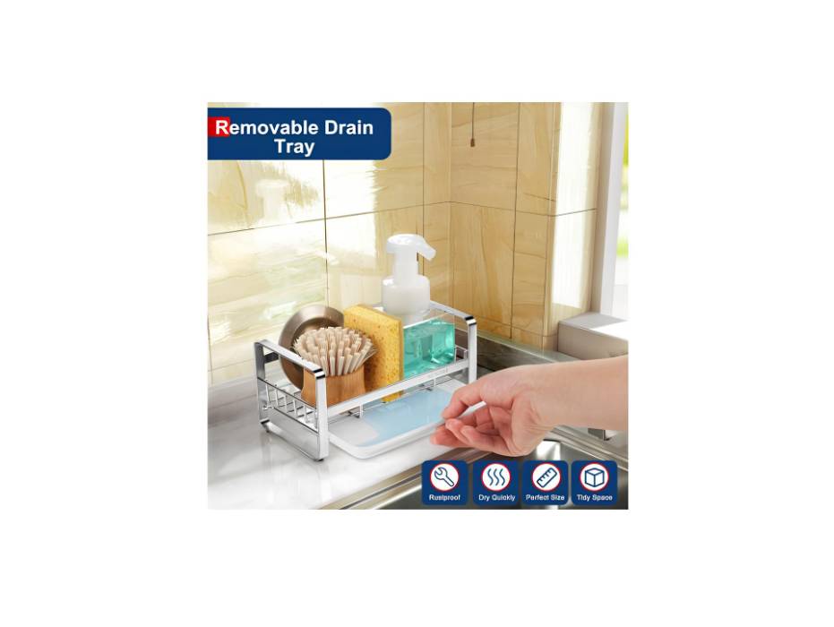 Kitchen Sink Soap Dispenser, Sponge Holder 304 Stainless Steel Caddy Organizer