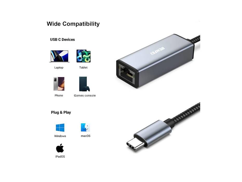 BENFEI USB-C to Ethernet Adapter, USB Type-C (Thunderbolt 3/4) to RJ45 Gigabit Ethernet LAN Network Adapter