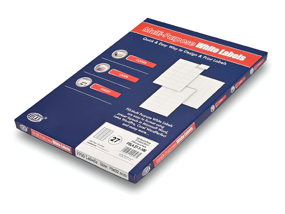 Multi Purpose Labels 70 x 31mm, 100Sheets/Box  (FSLA27-100)