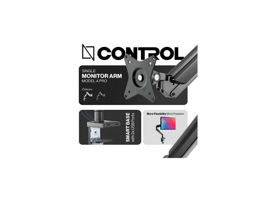 Navodesk NAVO Control Monitor Arm - Model A Pro, Ergonomic Monitor Desk Mount with Gas Spring Tech & USB Hub, Adjustable Monitor Stand with Clamp and Grommet Base