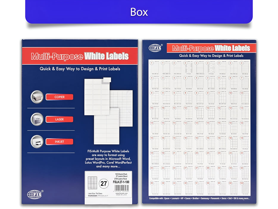 Multi Purpose Labels 70 x 31mm, 100Sheets/Box  (FSLA27-100)