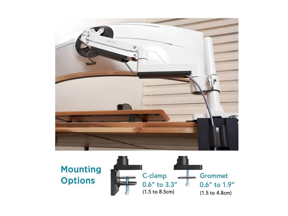Heavy Duty Monitor Arm for Ultrawide Monitors up to 57" and 20KGS, Single Desk Stand, Pneumatic Height Adjustable, Modular Extension Arms - Max VESA 100x100, White, MA20PW-S