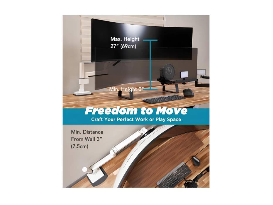 Heavy Duty Monitor Arm for Ultrawide Monitors up to 57" and 20KGS, Single Desk Stand, Pneumatic Height Adjustable, Modular Extension Arms - Max VESA 100x100, White, MA20PW-S