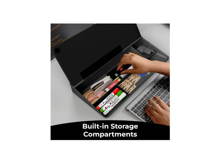 Chalkola Black Glass Desktop Whiteboard with Storage - Dry Erase Board, Work Desk Organizers, Computer Keyboard Stand, Home Office Desk Accessories with 3 Markers