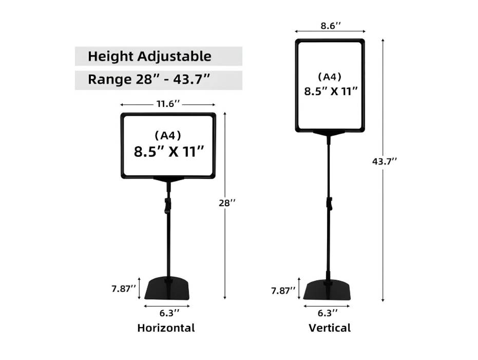 Adjustable Sign Poster Stand with Aluminum Snap Open, A4, Vertical and Horizontal, Black, 2 Pack