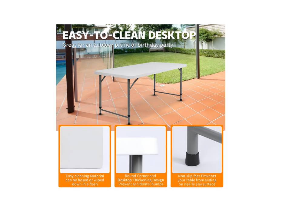 Heavy Duty Plastic Outdoor Foldable Trestle 120x60x75cm Table, Folds in Half with Carry Handle, White