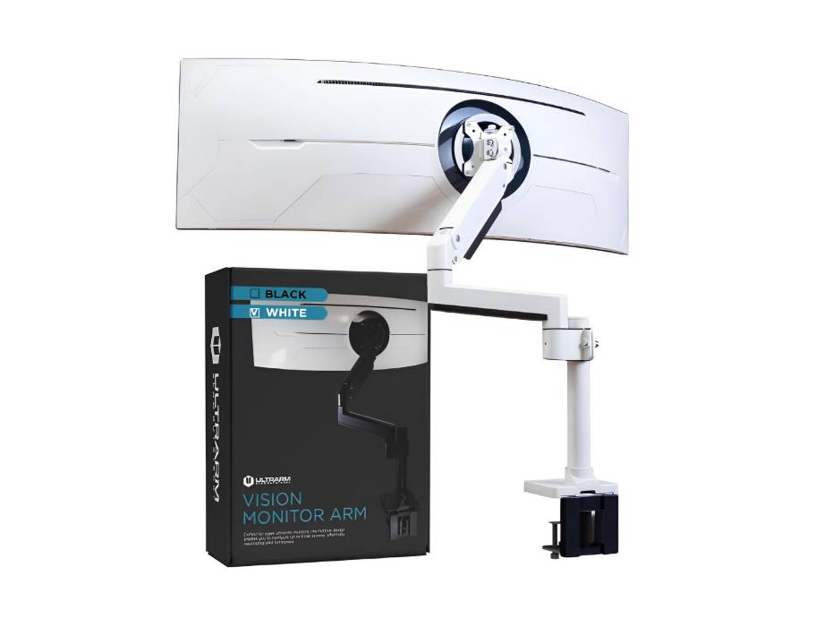 Heavy Duty Monitor Arm for Ultrawide Monitors up to 57" and 20KGS, Single Desk Stand, Pneumatic Height Adjustable, Modular Extension Arms - Max VESA 100x100, White, MA20PW-S