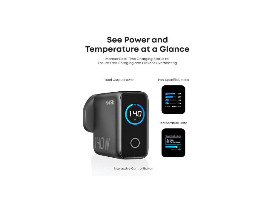 Anker 140W USB C Charger, Laptop Charger, 4-Port Multi-Device Fast Charging, Advanced GaN Power Adapter, Intuitive Touch Controls