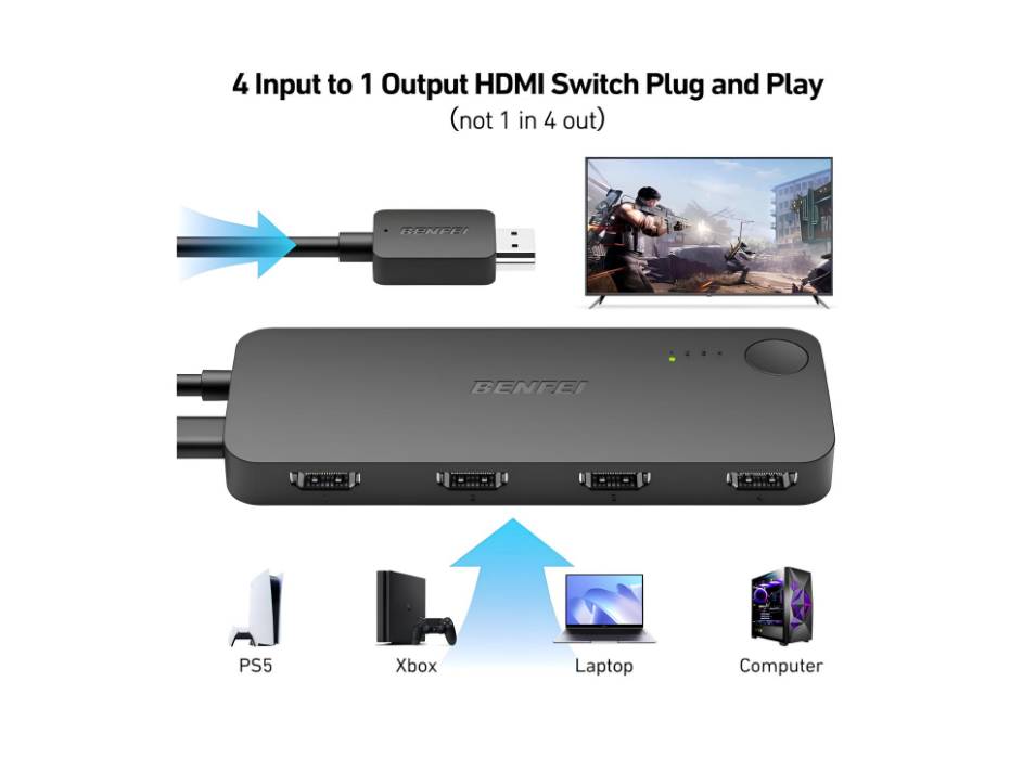 BENFEI HDMI Switch 4 in 1 Out 4K@60Hz, 2K@144Hz, HDCP 2.3 with Adaptive Equalization support 10M HDMI