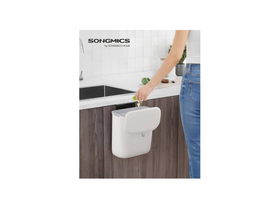 SONGMICS Hanging Trash Can, 9L Kitchen Bin with Lid for Food Waste, Wall Mounted Trash Can, Hanging or Sticking on Cupboard Door, White LTB820W9