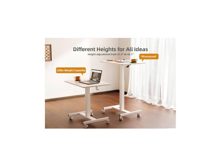 Claiks Mobile Standing Desk, Small Rolling Standing Desk, Pneumatic Mobile Laptop Desk for Home Office with Hook, White