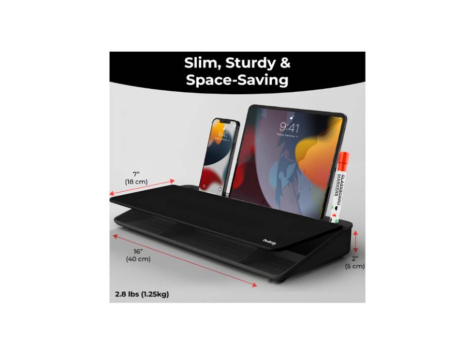 Chalkola Black Glass Desktop Whiteboard with Storage - Dry Erase Board, Work Desk Organizers, Computer Keyboard Stand, Home Office Desk Accessories with 3 Markers