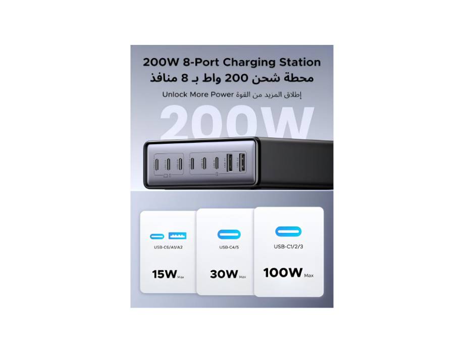 UGREEN Nexode 200W 8-Ports USB C Charging Station, GaN Fast Charging Adapter with Multiple Protection, Stable Desktop Stand Charger, 2M UK Plug Cord