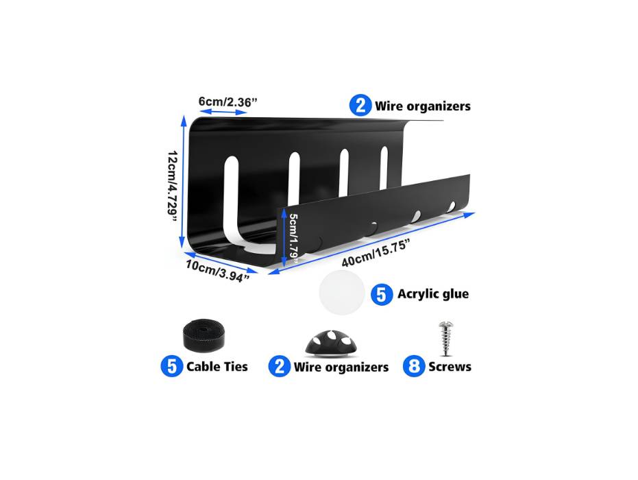 No Drilling Sturdy Steel Under Desk Cable Management, Black - Pack of 2