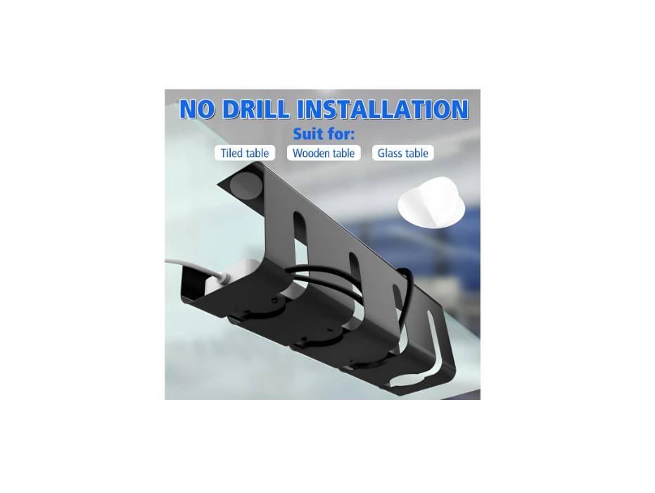 No Drilling Sturdy Steel Under Desk Cable Management, Black - Pack of 2