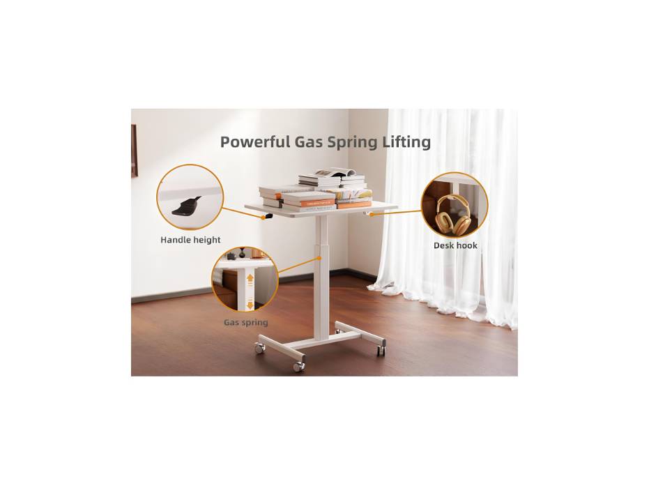 Claiks Mobile Standing Desk, Small Rolling Standing Desk, Pneumatic Mobile Laptop Desk for Home Office with Hook, White