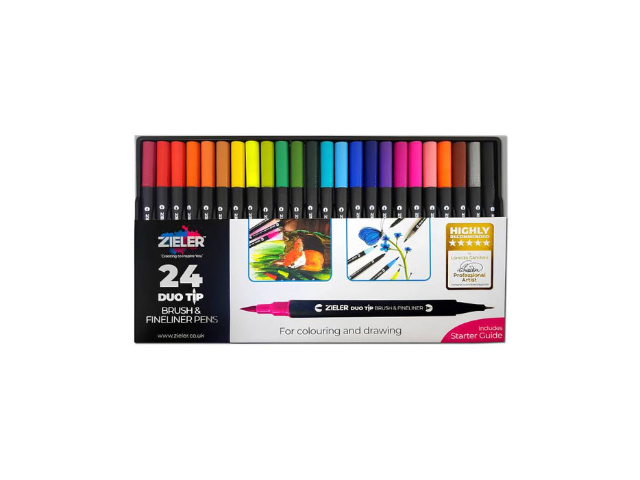 Zieler 24 Duo Tip Dual Brush & Fine Point Pens (48 nibs across 24 vibrant colours.0.4mm fibre tip nibs )