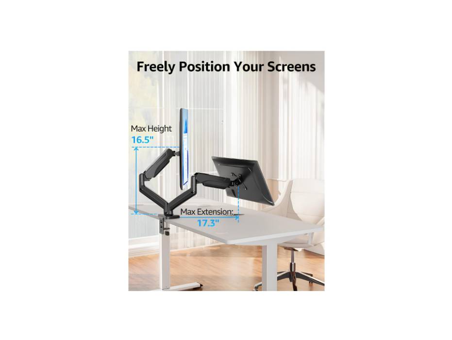 MOUNTUP Dual Monitor Stand for Desk, Adjustable Gas Spring Double Monitor Mount Holds 4.4-17.6 lbs and 13-32 Inch Screens, Monitor Arms for 2 Monitors, VESA 75x75 100x100 with C-clamp & Grommet, Black