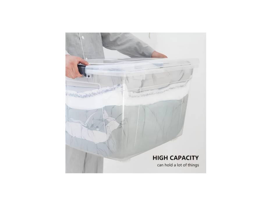 Plastic Storage Box With Wheels & Lockable Lid, Transparent, 50 Liters