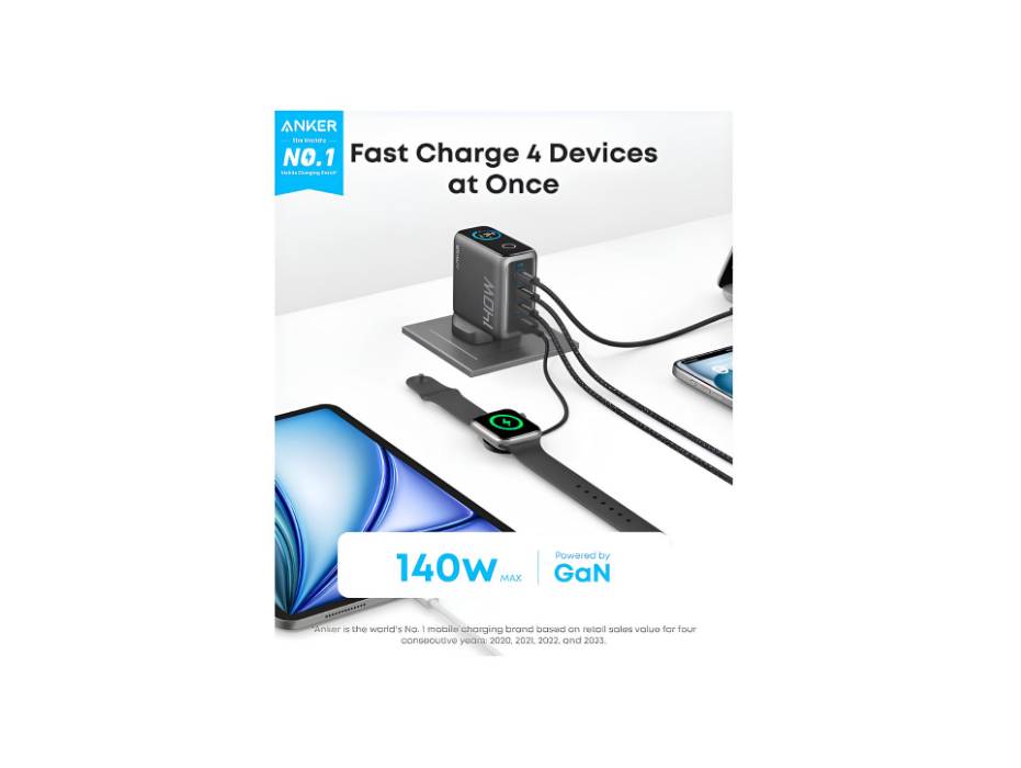 Anker 140W USB C Charger, Laptop Charger, 4-Port Multi-Device Fast Charging, Advanced GaN Power Adapter, Intuitive Touch Controls
