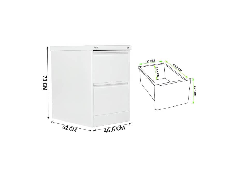 RIGID Heavy Duty Steel Filing Cabinet, Curved Shape 0.7mm Thickness 2 Drawers for A4/Letter, White
