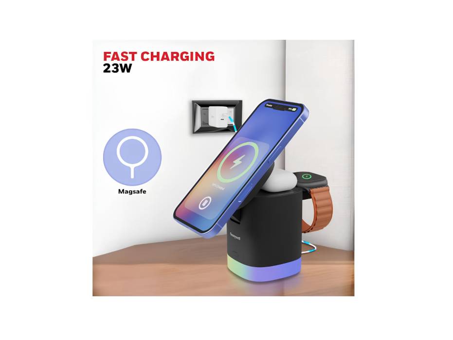 Honeywell Zest Wireless Cube 3-in-1 MagSafe Compatible 23W Magnetic wireless fast Charger with Type-C Input, QC 3.0, RGB Lights, Ultra-Fast Charging for iPhone 12 and Above, Apple Watches & AirPods