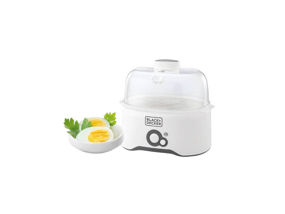 Black + Decker 280w 6 piece egg cooker with cooking rack and 2 poaching pan dry boil auto shutoff protection transparent cover