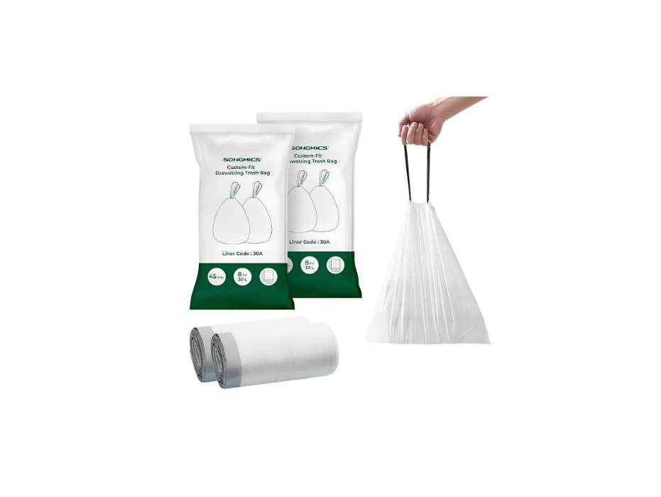 SONGMICS Trash Bags for 8-Gallon (30L) Trash Cans, 90 Count Drawstring Garbage Bags, White UKRB30A02