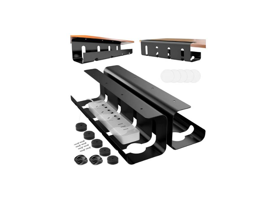 No Drilling Sturdy Steel Under Desk Cable Management, Black - Pack of 2