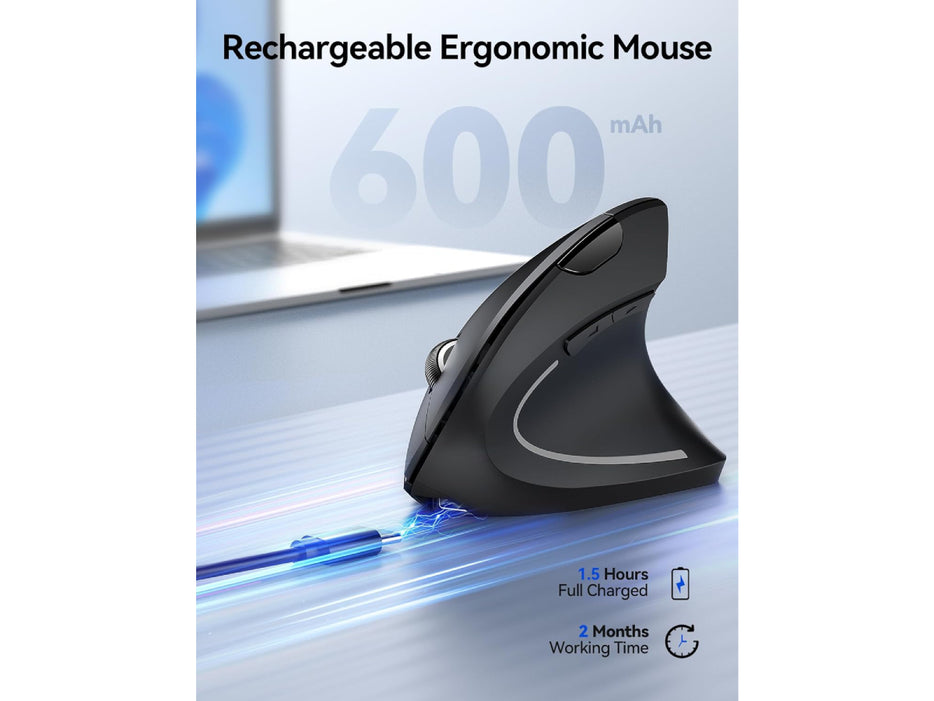 Tecknet Wireless Rechargeable Vertical Ergonomic Mouse, Right Hand, 4800 DPI 5 Adjustable Levels/ 2.4GHz with USB-A Receiver, Silent Click