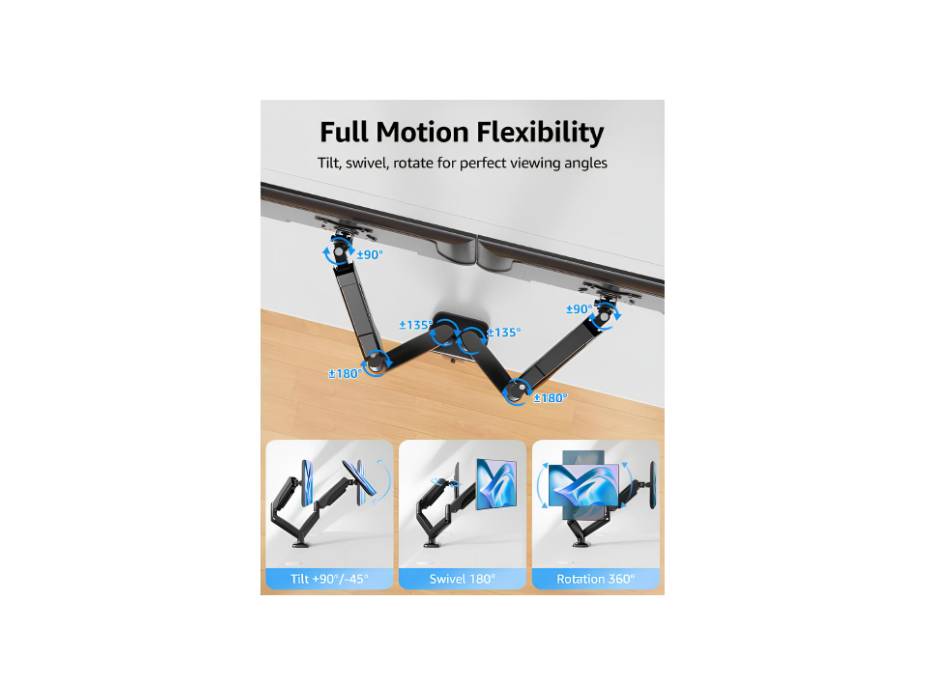 MOUNTUP Dual Monitor Stand for Desk, Adjustable Gas Spring Double Monitor Mount Holds 4.4-17.6 lbs and 13-32 Inch Screens, Monitor Arms for 2 Monitors, VESA 75x75 100x100 with C-clamp & Grommet, Black